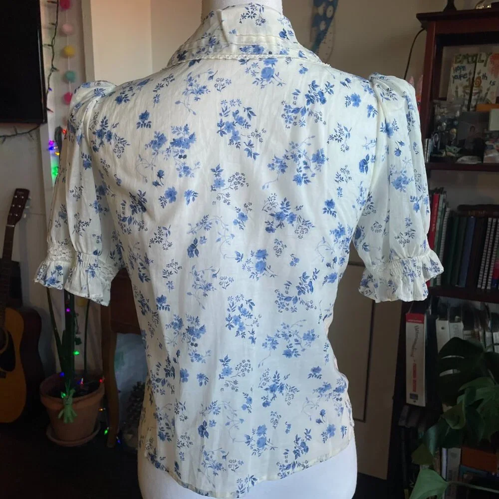Reformation Cream and Blue Floral Puff Sleeve Blouse
